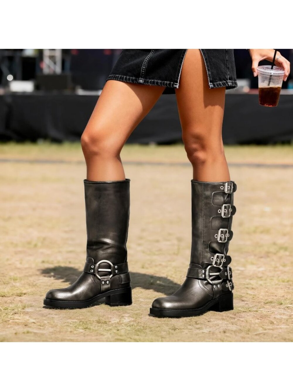 Women's Silver Knee High Riding Boots Side Zipper Motorcycle Boots - Picture 3 of 6
